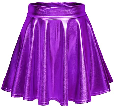 EXCHIC Donna Lucido Metallico Elastico Alta Vita Mini Gonna Festival A-Linea Liquido Skater Gonna (S, Viola)