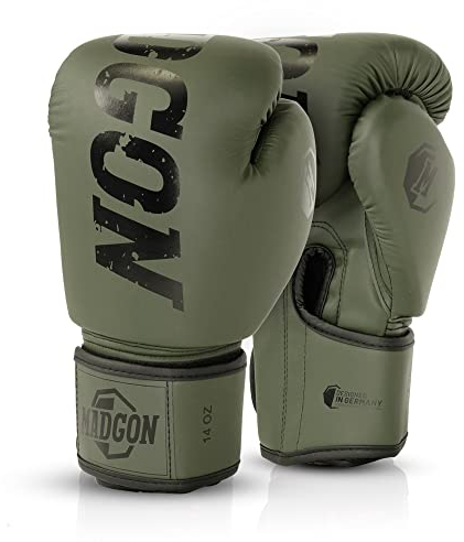 MADGON Premium Boxhandschuhe aus bestem Material für Lange Haltbarkeit, Männer und Frauen Kickboxhandschuhe für Kampfsport, MMA, Sparring, Muay Thai und Boxen 10 12 14 16 oz inkl Beutel