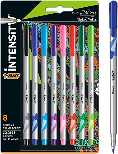 BIC Intensity 978138 Fineliner Medium Point Pen - Set of 8 Felt Tip Pens, Assorted Fashion Colours, No Bleeding for Writing, Adult Painting