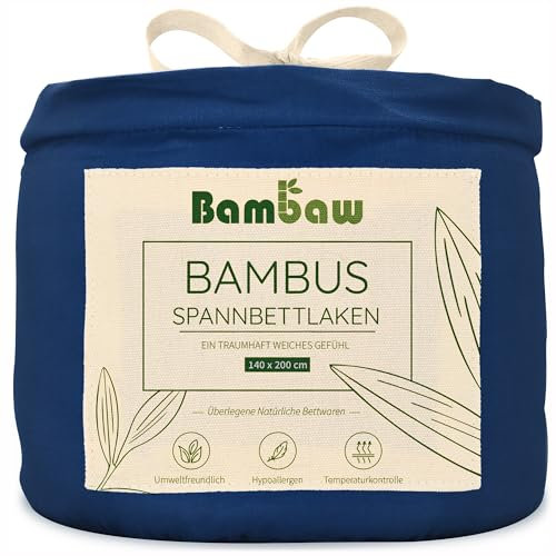 Bambaw Bamboo Double Fitted Sheet 140x200 cm, Deep Pocket 35 cm, Luxuriously Bed Linen Double, 100% Bamboo Viscose Bedding, Antibacterial & Hypoallergenic Bedding, Cool Sheet 140x200 cm (Navy Blue)