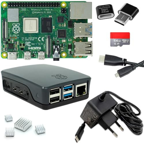 Raspberry Pi 4 4GB Starter-Set | Ultra 64GB Micro SD Karte | USB-C Netzteil | Gehäuse schwarz | 4K Micro HDMI Kabel | 4 Kühlkörper | Raspberry Pi 4 Model B 4GB RAM