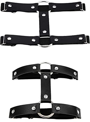 HXHWKEN 2Pcs Giarrettiera in Pelle Cintura in Pelle Punk Gamba Reggicalze Gotico Reggicalze Doppio Elastico per Ragazza Donna Nero