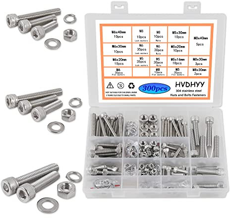 HVDHYY Vis a Tête Cylindrique a Six Pans M5 M6 M8 Vis A2-70 Mécaniques Hexagonale en Acier Inoxydable Écrous Rondelles Kit D'assortiment Bouton Creux avec Boîte de Rangement 300pcs