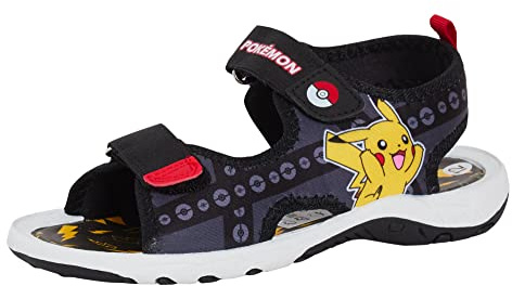 Pokemon Sandali Sportivi per Ragazzi Bambini Pikachu Poke Ball Open Toe Easy Fissare Scarpe Estive, Nero , 25 EU