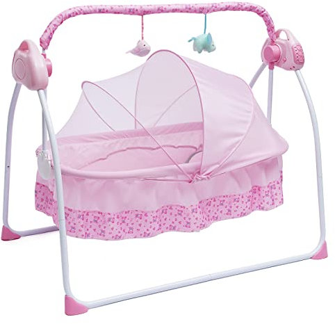 Babywippe Babyschaukel Elektrisch Intelligentes Elektrisches Babybett Automatische Baby Wiege für Babys Zwischen 0 und 18 Monaten mit Fernbedienung (Keine Batterie) (Pink)