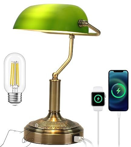 SEEDED-DESIGN Bankers Lamp with USB & Type C Charging Ports, Touch Control Green Glass Desk Lamp, 3-Way Dimmable Vintage Table Lamps for Home Office, Library, LED Bulb Included (Touch Switch)