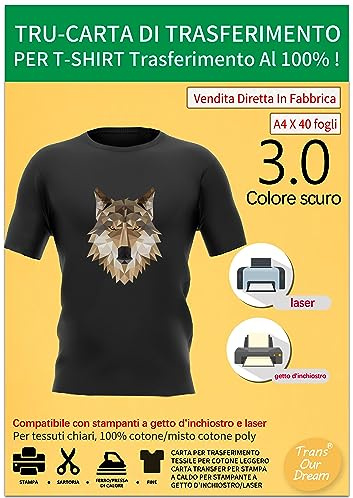 TransOurDream Carta per trasferimento in Tessuto per Cotone Leggero, stampanti a Getto d'inchiostro e Laser, Carta per trasferimento in Tessuto, Fogli A4X40, Colore: Scuro(I-D-3.0-40)