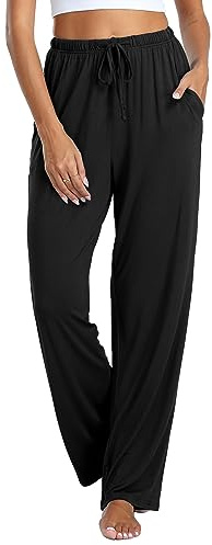 Vlazom Pantalon de Pyjama Femme Modal Bas de Pyjama avec Poches Pantalon de Nuit Vêtements de Nuit Couleur Unie，Noir，M