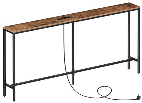 MAHANCRIS Schmal Konsolentisch mit Ladestation, 160 cm Beistelltisch, Flurtisch hinter dem Sofa, Ausstellungstisch für Sofa, für Flur, Wohnzimmer, Vintagebraun und Schwarz ACTHR165UE01