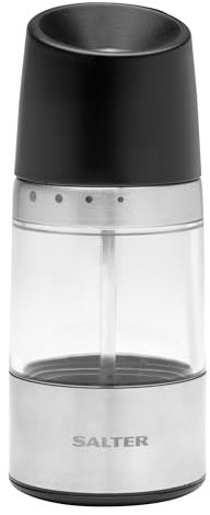 Salter BW12946EU7 Seasoning Grinder – Adjustable Grind from Fine to Coarse, Ceramic Mechanism, Clear Acrylic Body, Upside-Down Design, No Spill, Salt & Pepper Mills, Stainless Steel, Black