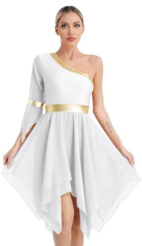Freebily Abito da Ballo Donna Latino Americano Monospalla Vestito Balletto Ballo Lirico Manica Svasata Abito Pattinaggio Artistico Danza Classica con Orlo Asimmetrico Bianco S