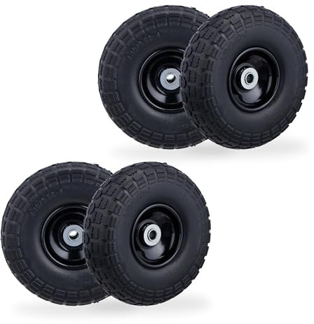 Relaxdays Ruota per Carriola 4.10/3.50-4, Set da 4 Gomme Piene Antiforatura, Cerchi in Acciaio, Fino a 150 kg, Nero