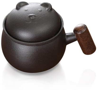 fanquare Taza con Infusor de Té Taza de Té de Cerámica Negra Oso Lindo con Tapa Taza Portátil de Viaje para Remojar el Té para Hojas Sueltas