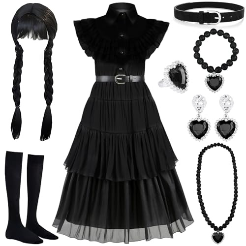 MWZEAUL Costume Halloween per Bambina, Principessa Nero Cosplay Party con Parrucca, Cintura, Parrucca, Calzini, Costumi Vestiti Bambina per Halloween Carnevale Cosplay, 7-8 Anni, 130CM