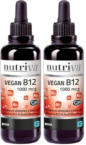 NUTRIVA Vegan B12 1000 mcg - Vitamina B12 Cianocobalamina in Gocce 30 ml, Integratore Alimentare per Anemia, Cicolazione, Sistema Immunitario e Nervoso, Adatto ai Vegani (Confezione da 2)