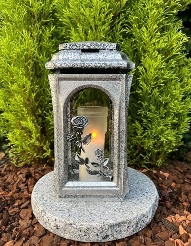 Lanterne funéraire - Lanterne funéraire en argent avec rose - Décoration funéraire - 27 cm de haut - Modèle sans socle
