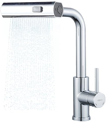 BELZ Grifo Cocina Extraíble, Grifo Cocina con Rociador Extraíble 3 Modos de Agua, Giratorio 360°, Grifo Mezclador Cocina, Acero Inoxidable,Cromo