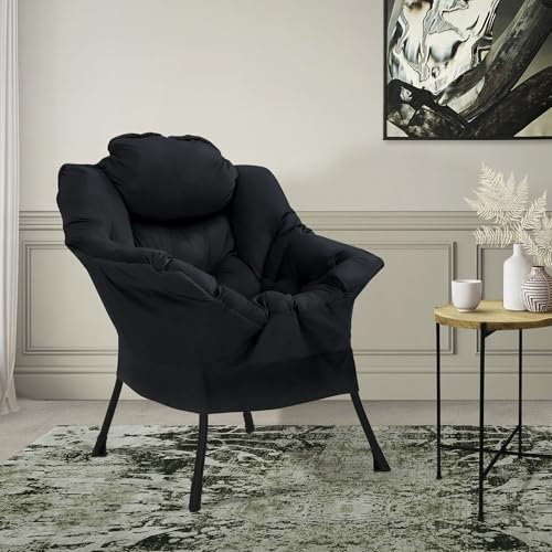 ML-Design Relaxsessel Schwarz, Wohnzimmersessel mit Armlehnen & Seitentasche, Fernsehsessel Kopfkissen, Loungesessel mit Stahlrahmen mit schwarzen Beine, Ohrensessel ergonomisch, Lesesessel gepolstert