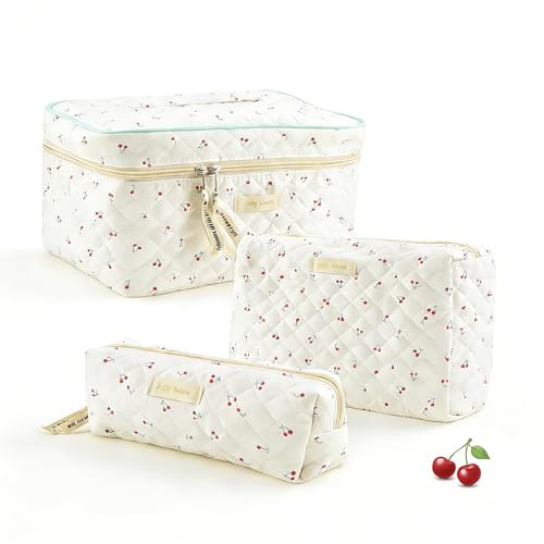3-delad kosmetikväska set, Shyllin Beauty Bag, Travel Bag kvinnor med körsbärsmönster, necessär flickor, lämplig för resor, daglig och brevpapper förvaring, necessär damer stor, Vit blå, Sminkväska