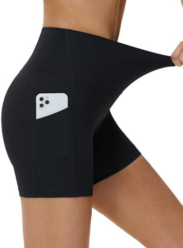 THE GYM PEOPLE - Pantaloncini da donna a vita alta, elasticizzati, con controllo della pancia, per yoga, da ciclista, da corsa, con tasche, nero, L