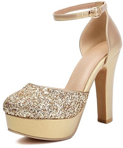 Bviennic Décolleté con Tacco Largo da Donna con Plateau 895 Oro Numero 37 EU/38Cn