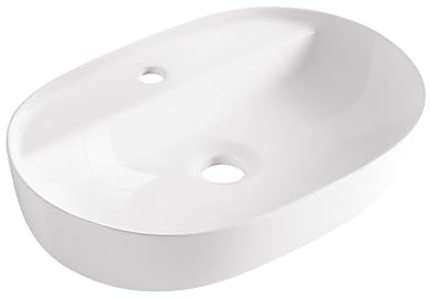 AQUAUNO - Lavabo da Appoggio LANA 61,5 x 41,5 cm, Ovale, in Ceramica Bianca, con Foro per Rubinetto senza Troppopieno