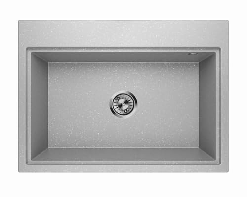Lavello Fregadero de granito gris plateado metálico, profundo empotrable, 68 x 49,5 cm, fregadero de cocina rectangular, 1 lavabo, moderno, fácil de limpiar, resistente a los arañazos, reversible