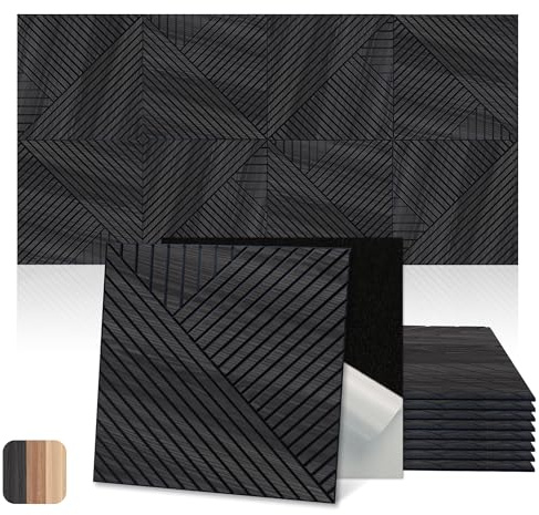Mollywell Art Acoustic Wall Panels, 24x24 Inch 8 Pack, Wood Veneer, Sound Absorbing Self-Adhesive Wall Decor, Thread and Prism Woven Patterns, Black Oak, for Home & Studio