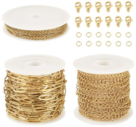 Craftdady 3 rollos de cadenas de clip de acero inoxidable soldadas doradas con cierres de pinza de langosta, anillos de salto para hacer pulseras, collares, joyas