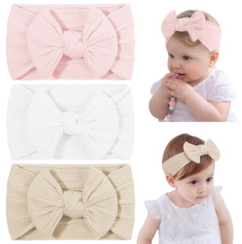 DiULi Baby rosetter pannband, 3 st babypannband för flickor stretchiga mjuka bebisrosetter söta huvudbonader nylon småbarn spädbarn hårband bebisar turban pannband elastiska hårband för barn spädbarn