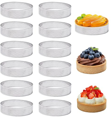 Moldes Perforados, 12 Piezas 6 cm Tartaletas de Acero Inoxidable, Aros para Tartas Anillos Redondos Perforado, Anillos de Postre Moldes, para Tartas Pasteles, Mini Pizzas, Muffins