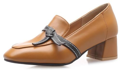Mocasines de Cuero Sintético para Mujer Tacón Bloque Punta Cuadrada Tacones Retro Tacón Medio Slip-On Zapatos Clásicos para Oficina con Lazo Contrastante Cómodos,Amarillo,37 EU