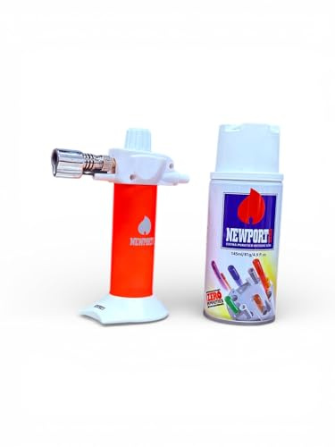 Newport Zero Rogue 4.5 Mini Butane Torch Lighter with Butane Gas Refill Kit (145ml) Extra Purified Fuel, Adjustable Flame, Piezo Ignition, Refillable Torch for Kitchen, Candles, Camping, Orange