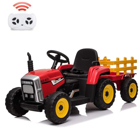 Tractor Eléctrico Niño con Remolque Desmontable, Coche Eléctrico 35W Motor Doble, Control Remoto Parental, LED, Música, USB/Inalámbrico, 3 Velocidades, 3-8 Años, Rojo