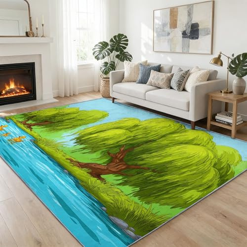 Tappeto lavabile per soggiorno, 120 x 170 cm, botanico alberi salice ruscello, tappeto antiscivolo cartone animato natura morbido a pelo corto, tappeto per la cameretta dei bambini, camera degli