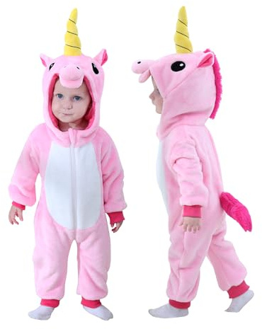 Doladola Babysparkdräkt för pojke och flicka, djurhuva, onesie, småbarn, overall, höst- och vinterkläder(18-24 månader,Rosa enhörning)
