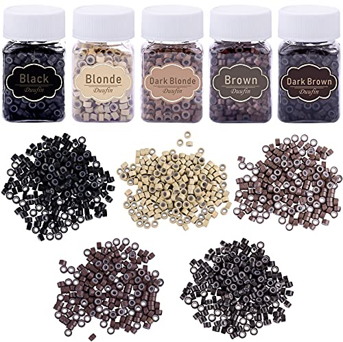 Duufin 2500 PCS Micro Anneaux 5mm Micro-Anneaux de Silicone Nano Micro Rings en Silicone Doublés de Silicium Perles pour Extension de Cheveux, 5 Bouteilles de 5 Couleurs