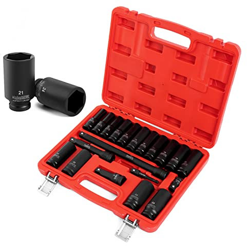 Juego de llaves de vaso de impacto 1/2 de profundidad, 20pieza Tamaño métrico: 10-24 mm y barra de extensión de 3'' 5'' 10'', 6 Puntos Torque，acero Cr-MO，Vaso de impacto reforzado