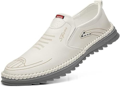 Men’s Loafers, Leather Slip On Moccasins Penny Loafers, Breathable Driving Walking Lightweight Casual Shoes,UK9,White