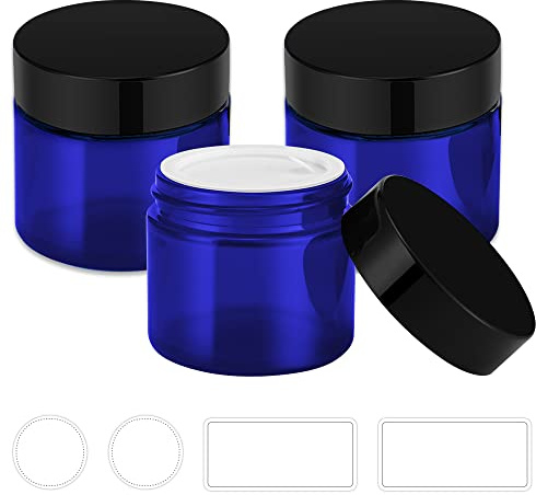 2 oz Blue Glass Jars with Lids, Bumobum 3 pack Small Jars with White Labels & Inner Liners, 60 ml Empty Round Cosmetic Containers for Sample, Powder, Cream, Lotion, Spice