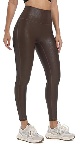HARTPOR Leggings de piel sintética para mujer de 25 pulgadas, cintura alta, control de abdomen, pantalones de cuero elásticos al tobillo, Marrón, XXL
