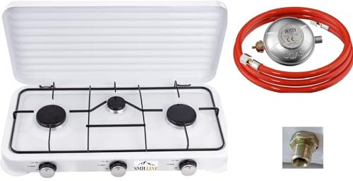 SMH LINE® Réchaud à gaz de camping 3 feux avec tuyau et régulateur - Gaz propane 5,4 kW - Plaque de cuisson de camping - Réchaud d'extérieur - Réchaud de table XL
