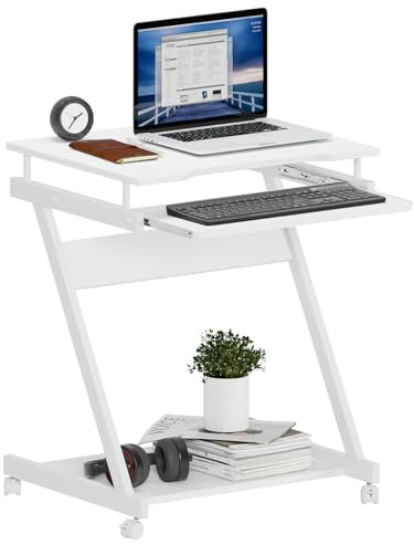 SogesPower Escritorio Portátil para Ordenador, Pequeño Escritorio Doble, con Ruedas Universales Fijables y Bandeja para Teclado, 60 x 46 x 73 cm, Blanco