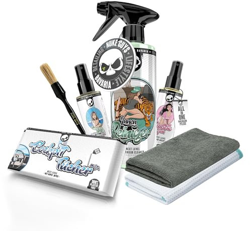 Nuke Guys Kit de nettoyage intérieur de voiture - Nettoyant intérieur + nettoyant pour vitres + 1 chiffon de fenêtre + parfum de voiture + lingettes mates pour tableau de bord + pinceau de détail +