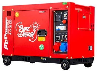 ITCPower Generador Diésel Full Power 7,9 kVA RED EDITION 400V y 230V - Generador Eléctrico con Arranque Eléctrico y ATS para Casa y Energía Solar - Silencioso con Autonomía 10h y Bajo Consumo