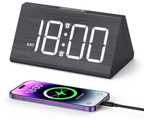 OQIMAX Wecker Digital, Digitaler Wecker in Holz-Optik mit LED Anzeige, 5 Helligkeit Einstellbar, 3 Lautstärken, Nachttisch Tischuhr mit 7 Farben Nachtlicht, 12/24std, Dual Alarm, Snooze, DST Funktion