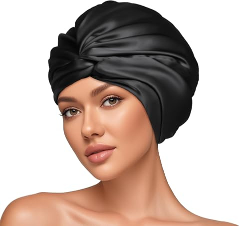 AOOWU Bonnet de Nuit, 100% Soie de Mûrier 22 Momme pour Dormir Bonnet Soie Cheveux Nuit, Pure Soie Satin Cheveux Ajustable, Double Couche Capuchon Chapeau Sommeil pour Couchage Maquillage