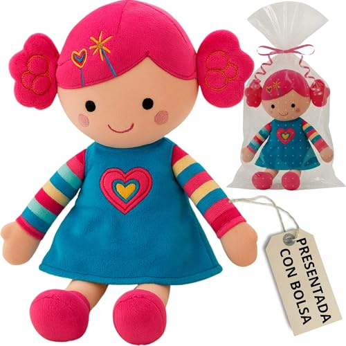 Peluchilandia Muñeca de Trapo para Niñas | Regalo Bebe 1 año | Muñecas para niñas 2 años y más | Tacto Muy Suave 25cm | Muñeca de Peluche Adorable y Blandita (Azul)