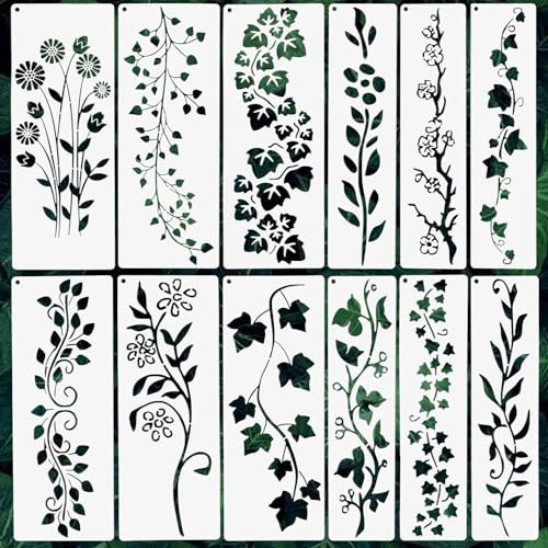 JIYIN 12 plantillas de hojas de vid, plantillas de dibujo de hojas y flores, plantillas florales reutilizables para pintar en madera, pared, tela, lienzo, muebles, decoración del hogar