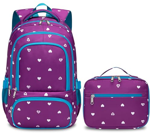 BLUEFAIRY Kids Backpack with Lunch Box for Girls Boys Elementary Primary Middle School Bag with Lunch Bag Set 17 Inch Bookbag Mochilas Escolares para Niñas Niños (Hearts, Purple)